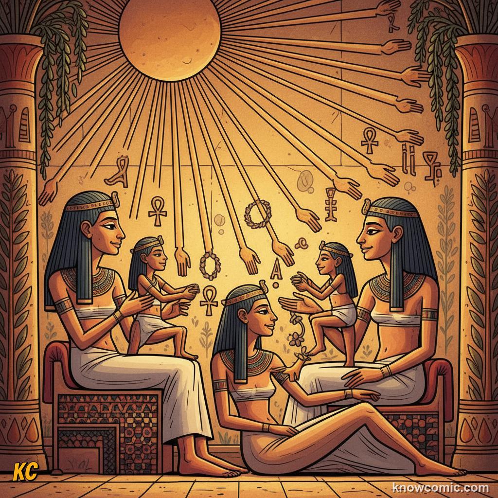 Amarna style Egyptian relief of Akhenaten and his family relaxing under sun rays ending in small hands