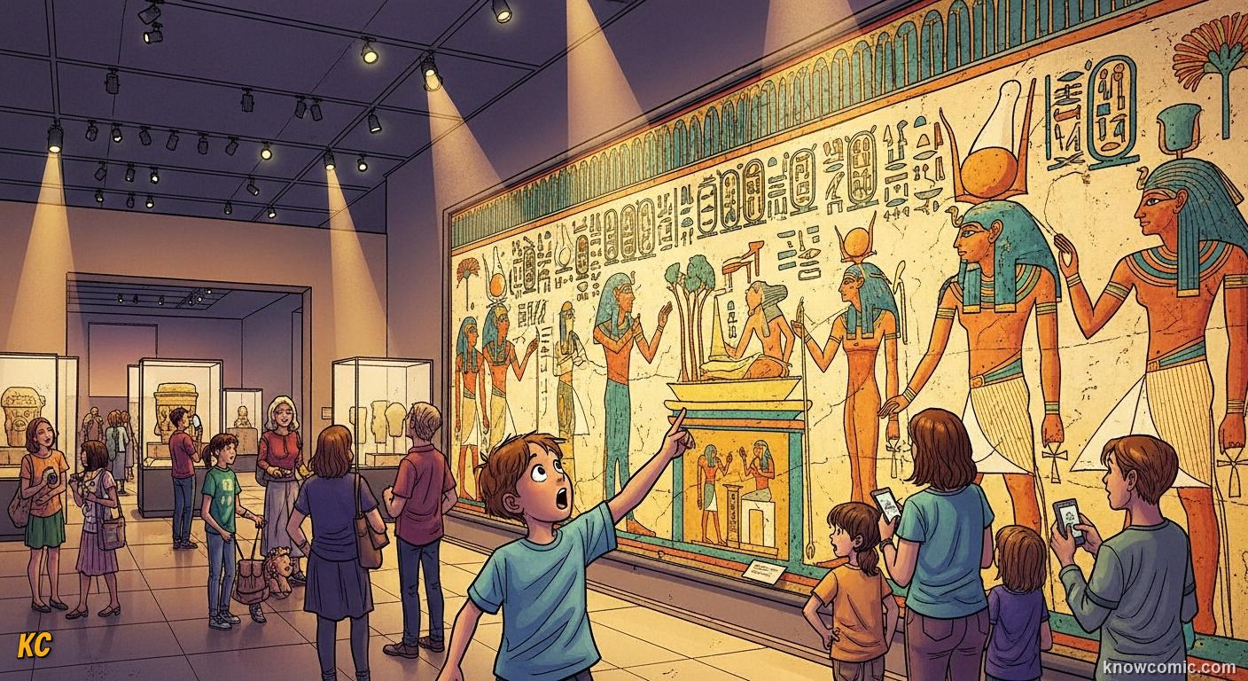 Children and families in a modern museum admiring a glowing ancient Egyptian painted wall
