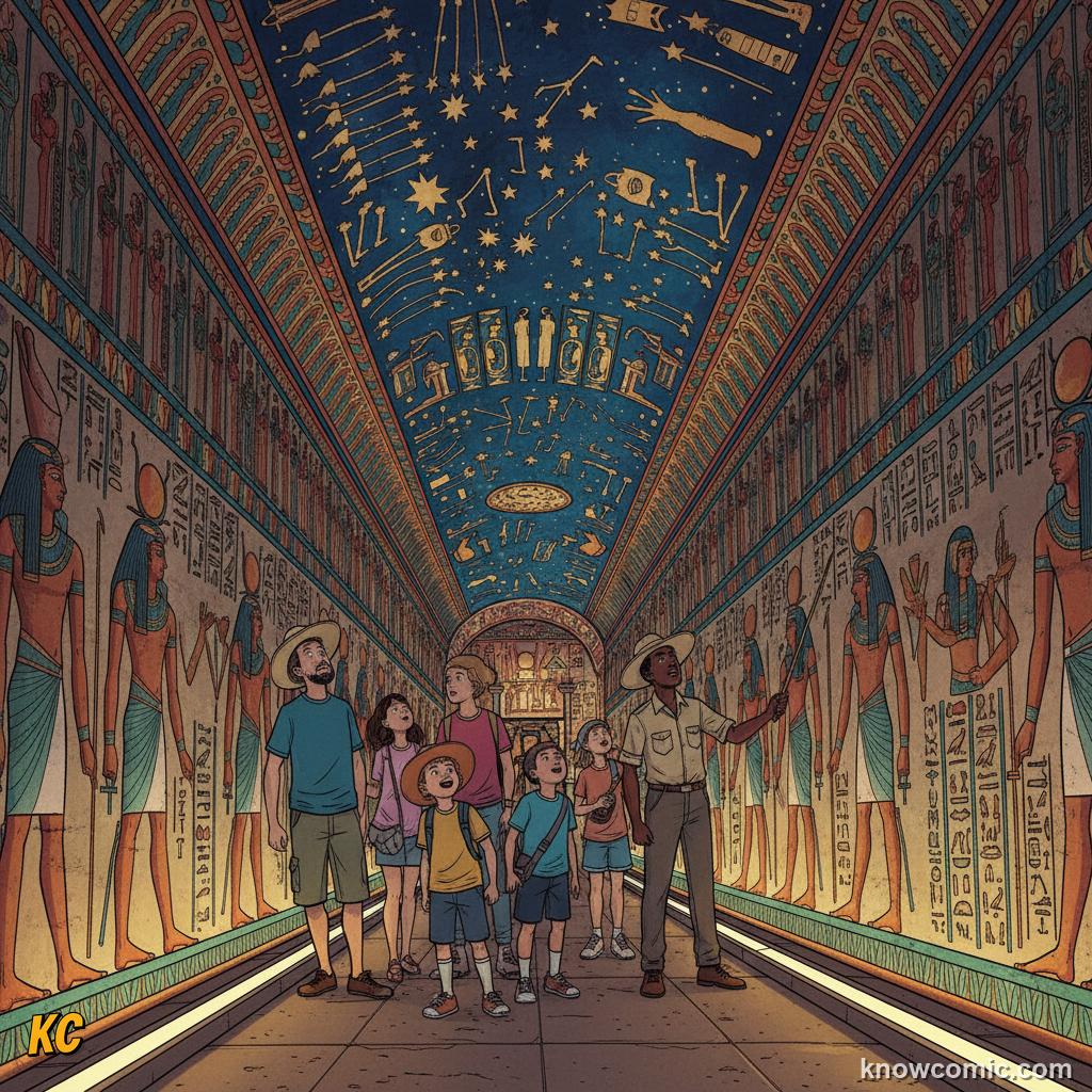 Tourists walking through the painted corridor of a royal tomb in the Valley of the Kings