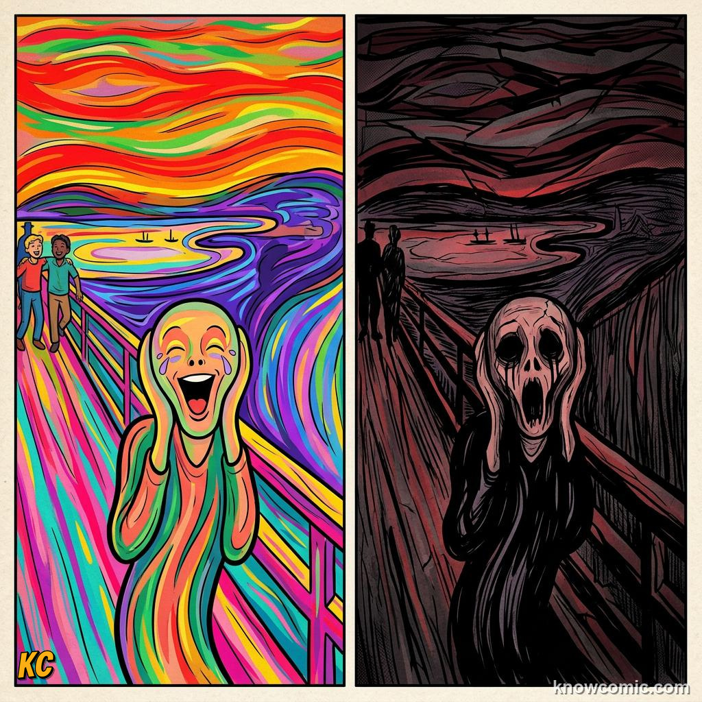 Expressionist artwork with twisted figures and exaggerated shapes conveying anxiety
