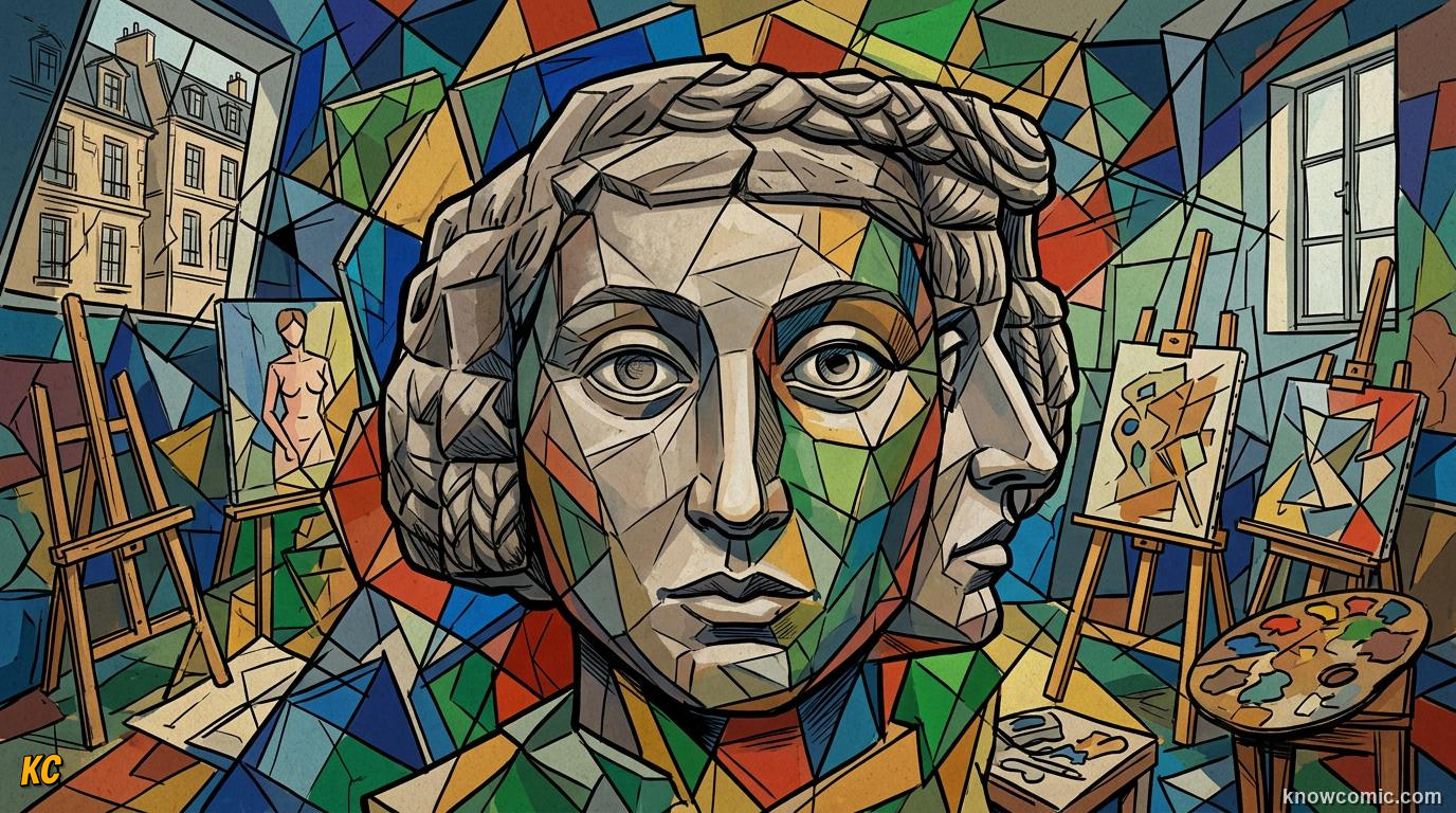 Cubist painting with fractured geometric planes showing multiple viewpoints at once