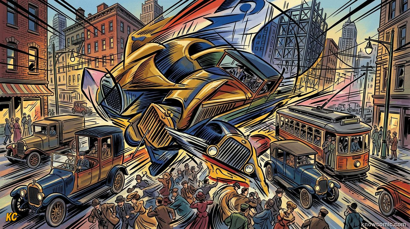 Futurist painting with dynamic lines, racing cars and overlapping shapes showing speed and movement