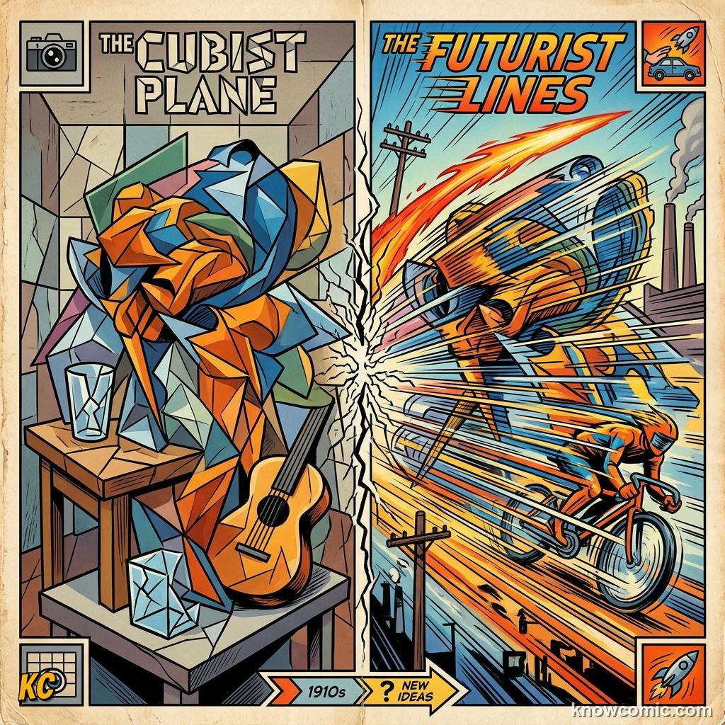 Futurist artwork with force lines and streaks showing motion and speed
