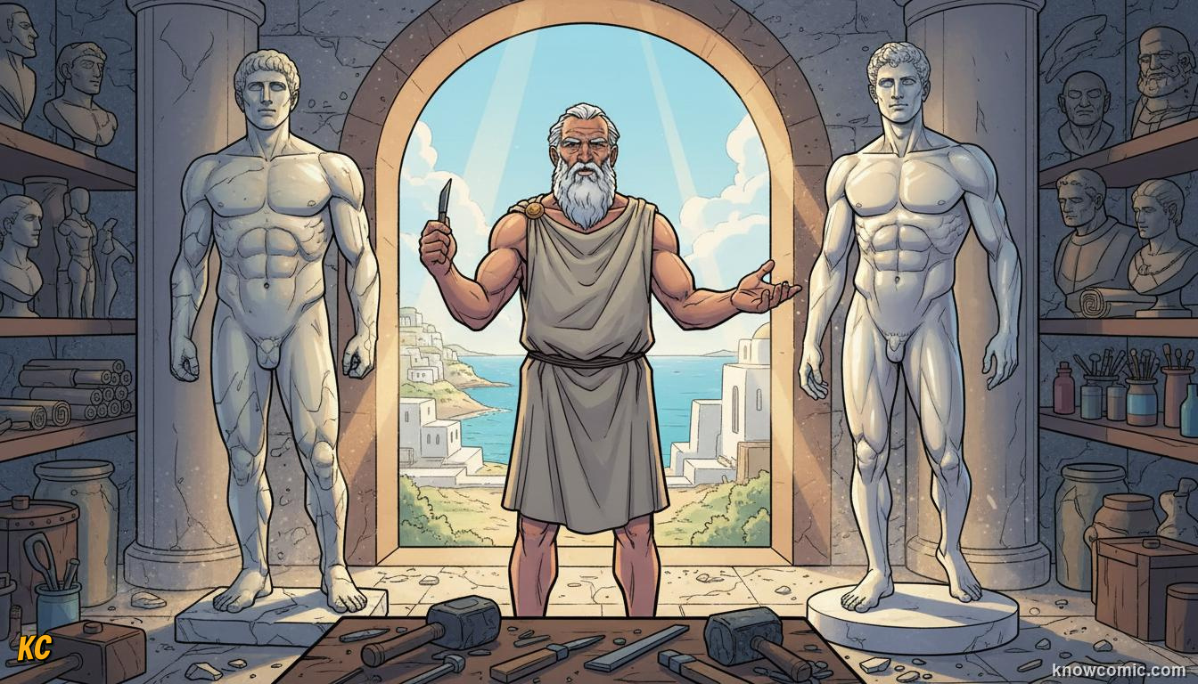 A Greek sculptor in his workshop beside a stiff old statue and a new lifelike marble athlete that seems ready to move
