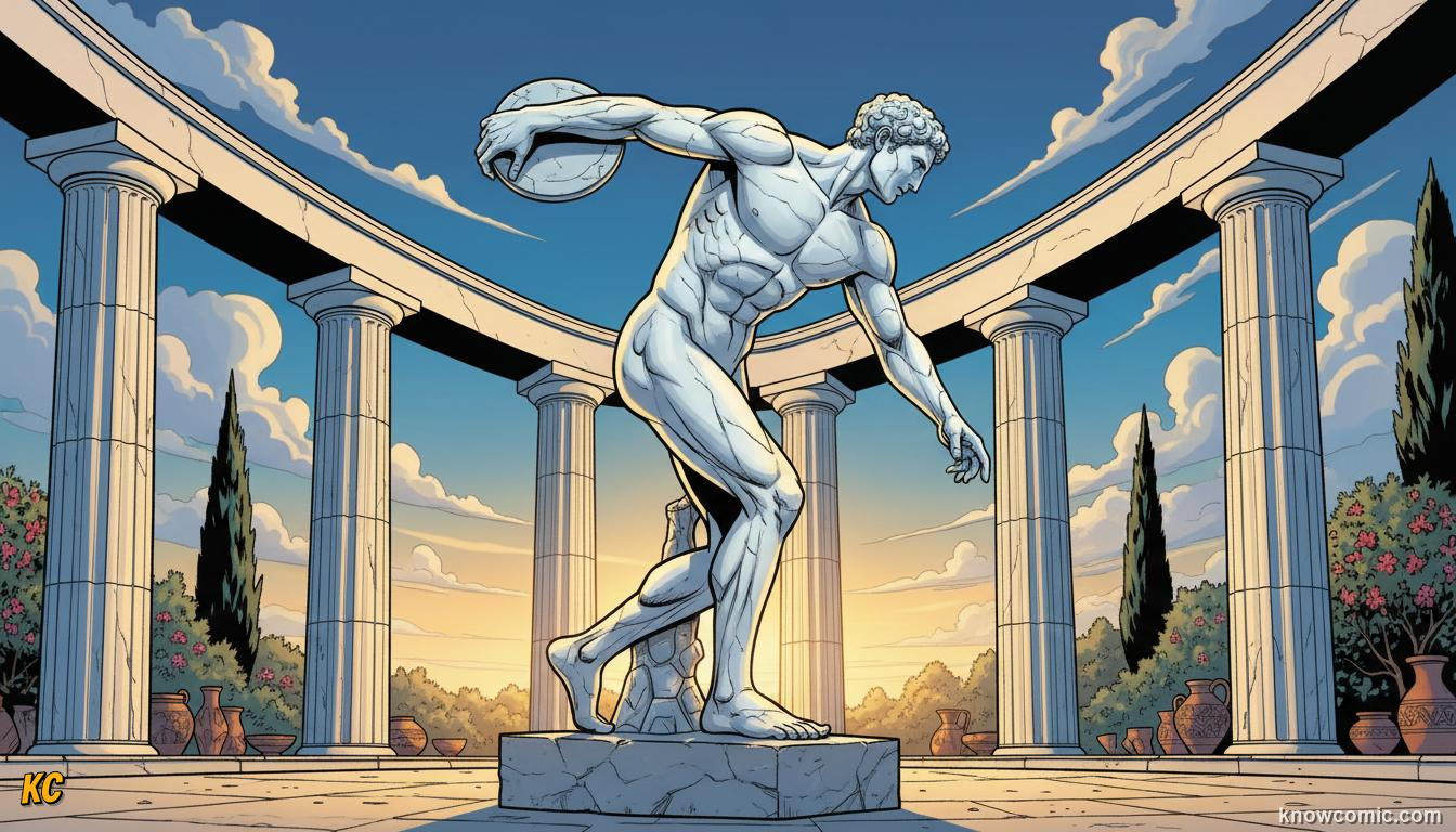 A magnificent Greek marble statue of a discus thrower frozen mid-spin showing perfect athletic form