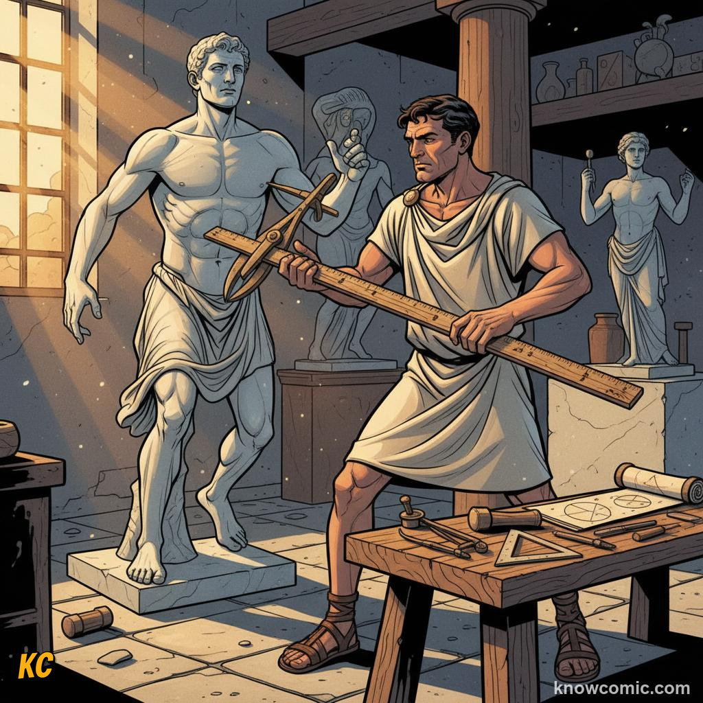 A Greek sculptor measuring a marble statue with calipers to check its perfect proportions