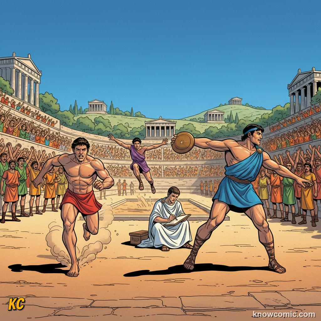 Greek athletes running and throwing in an ancient stadium while an artist sketches them