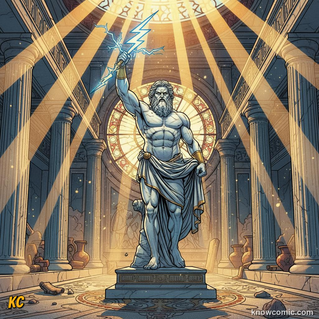 A majestic Greek marble statue of Zeus with flowing beard and powerful ideal body