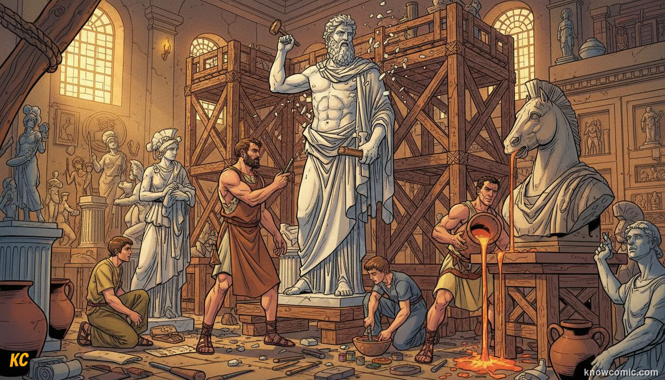 Greek sculptors carving a colossal marble figure in a busy workshop filled with dust and tools