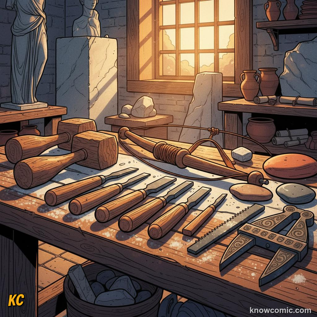 Greek sculptor's tools laid on a bench: bronze chisels, wooden mallets, drills, rasps and calipers with marble dust