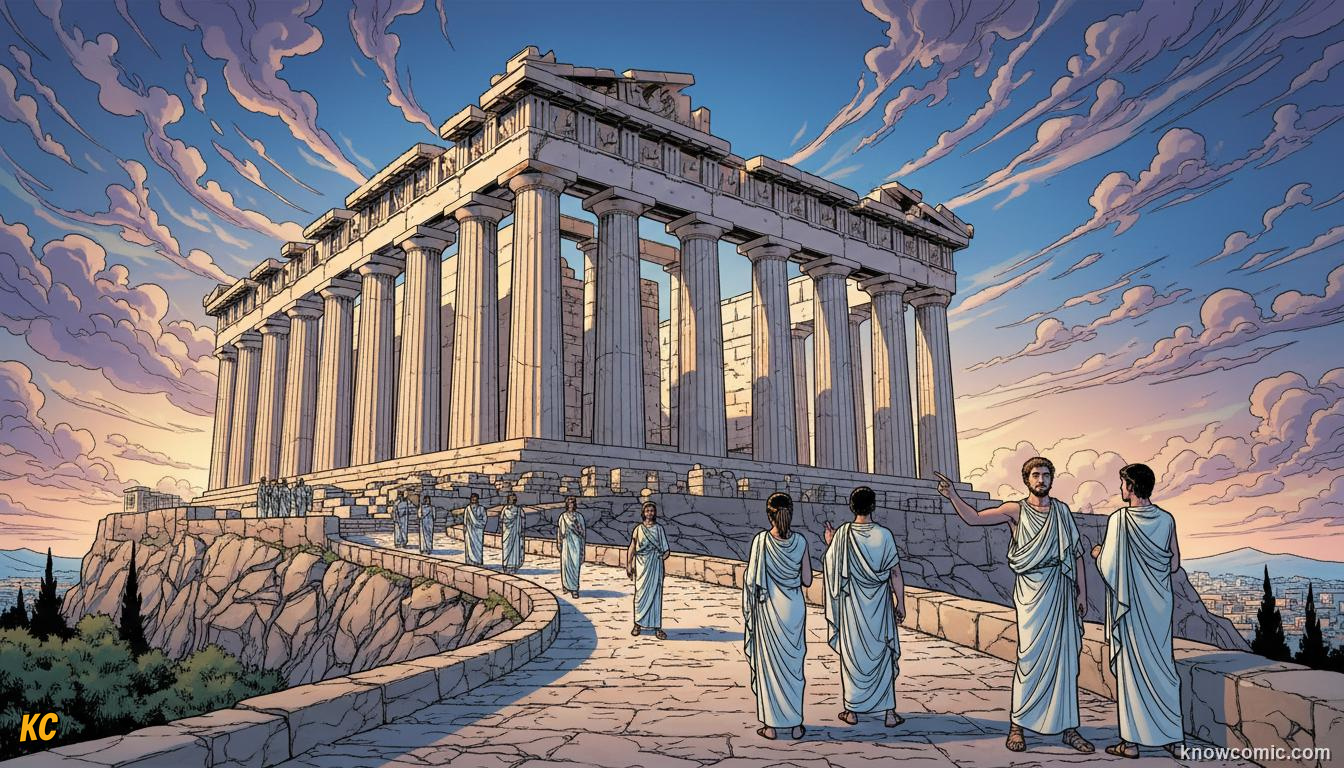 The gleaming Parthenon temple on the Acropolis of Athens with marble columns and sculpted figures, citizens below