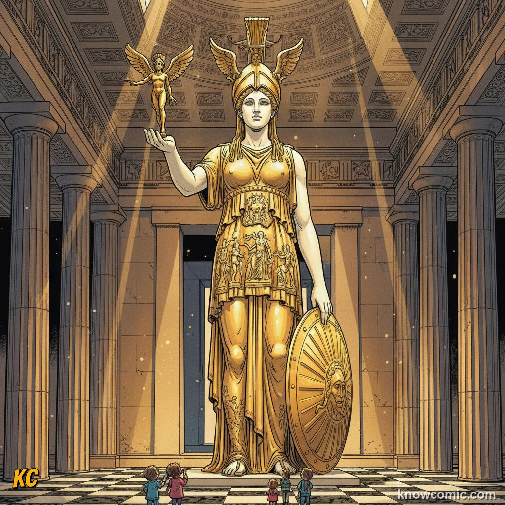 The colossal gold and ivory statue of Athena inside the Parthenon towering over tiny visitors