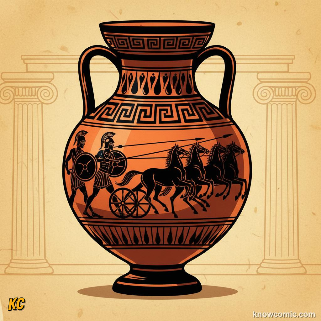 A Greek terracotta vase painted with black and red figures of heroes and chariots