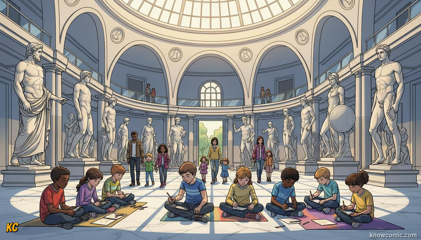 Children sketching in a bright museum hall lined with classical Greek marble statues