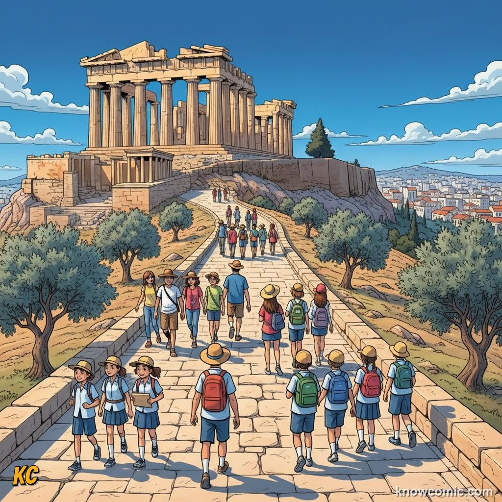 Visitors on the sunny Acropolis of Athens walking toward the Parthenon ruins