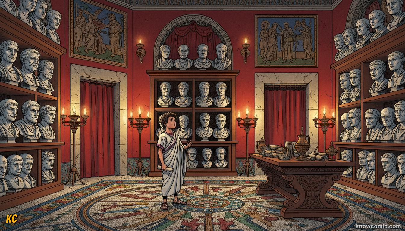 A Roman family hall lined with shelves of realistic marble busts of stern wrinkled elders lit by oil lamps