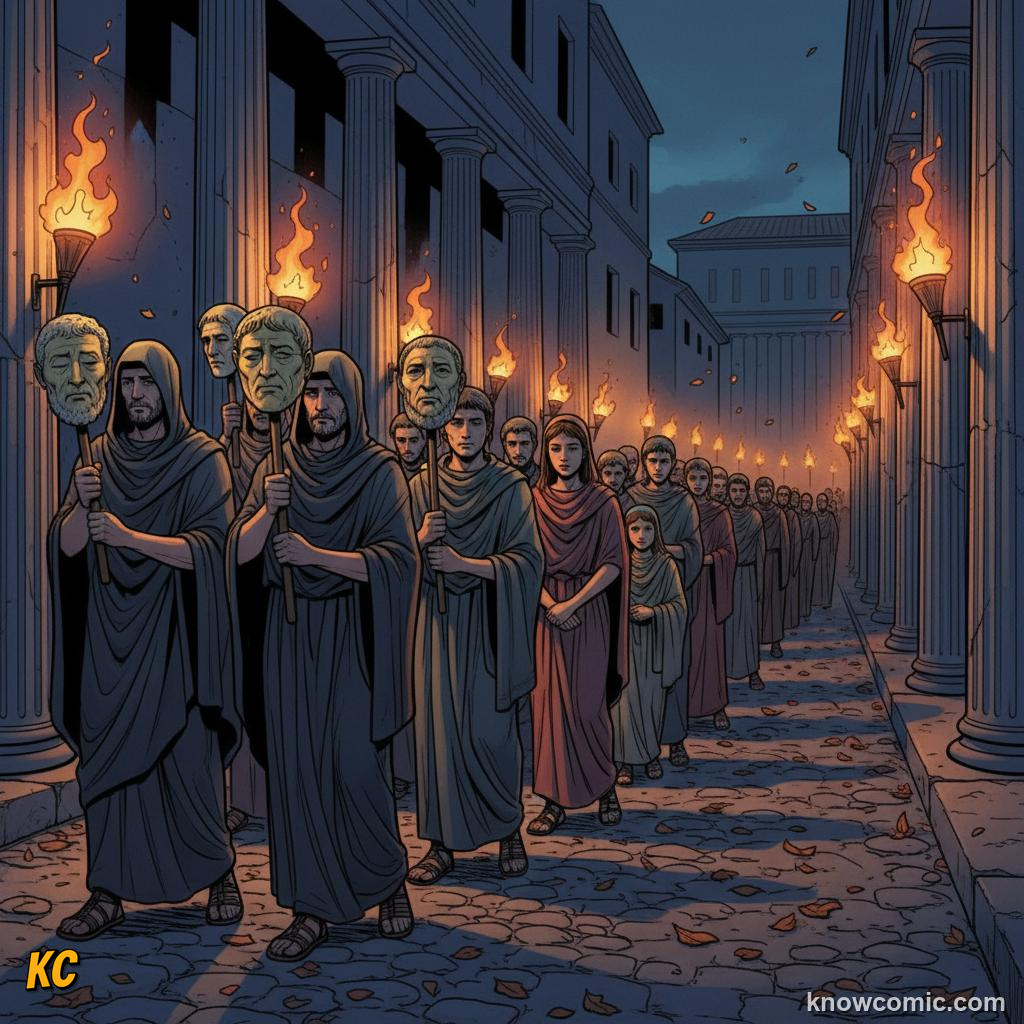 A solemn Roman funeral procession with family members carrying lifelike wax masks of their ancestors