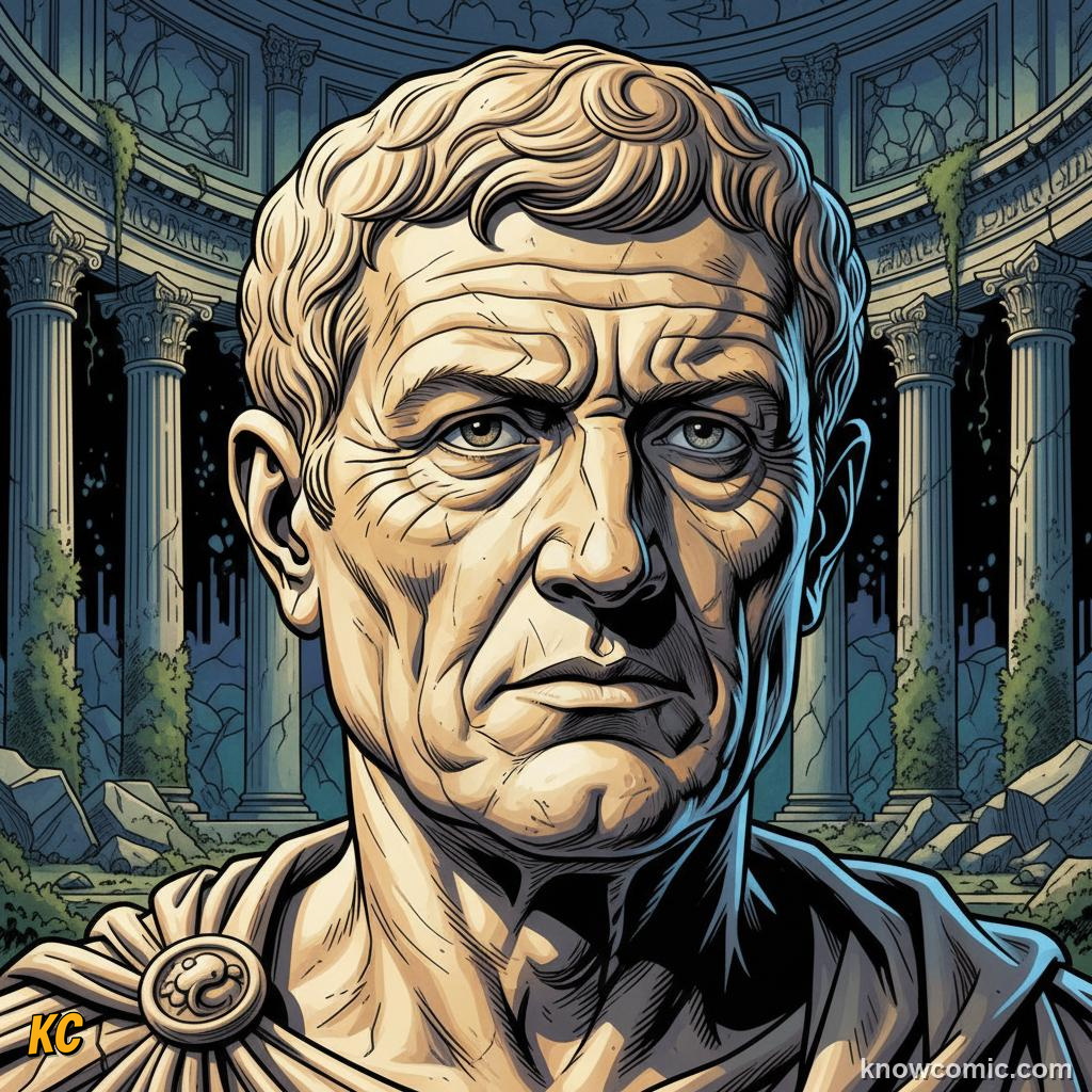 Close-up of a Roman marble bust of a stern old man with deep wrinkles and a determined expression