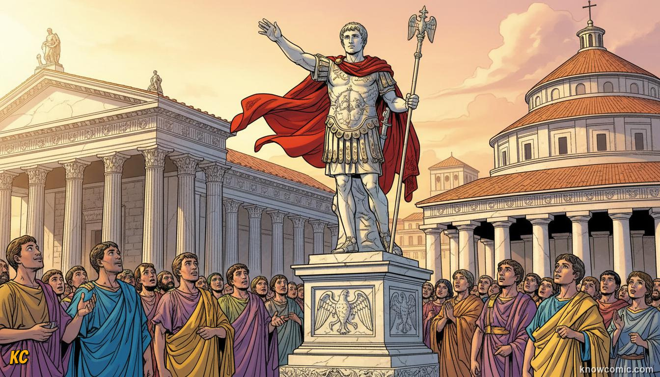 A grand marble statue of Emperor Augustus in armour with his arm raised addressing a Roman crowd