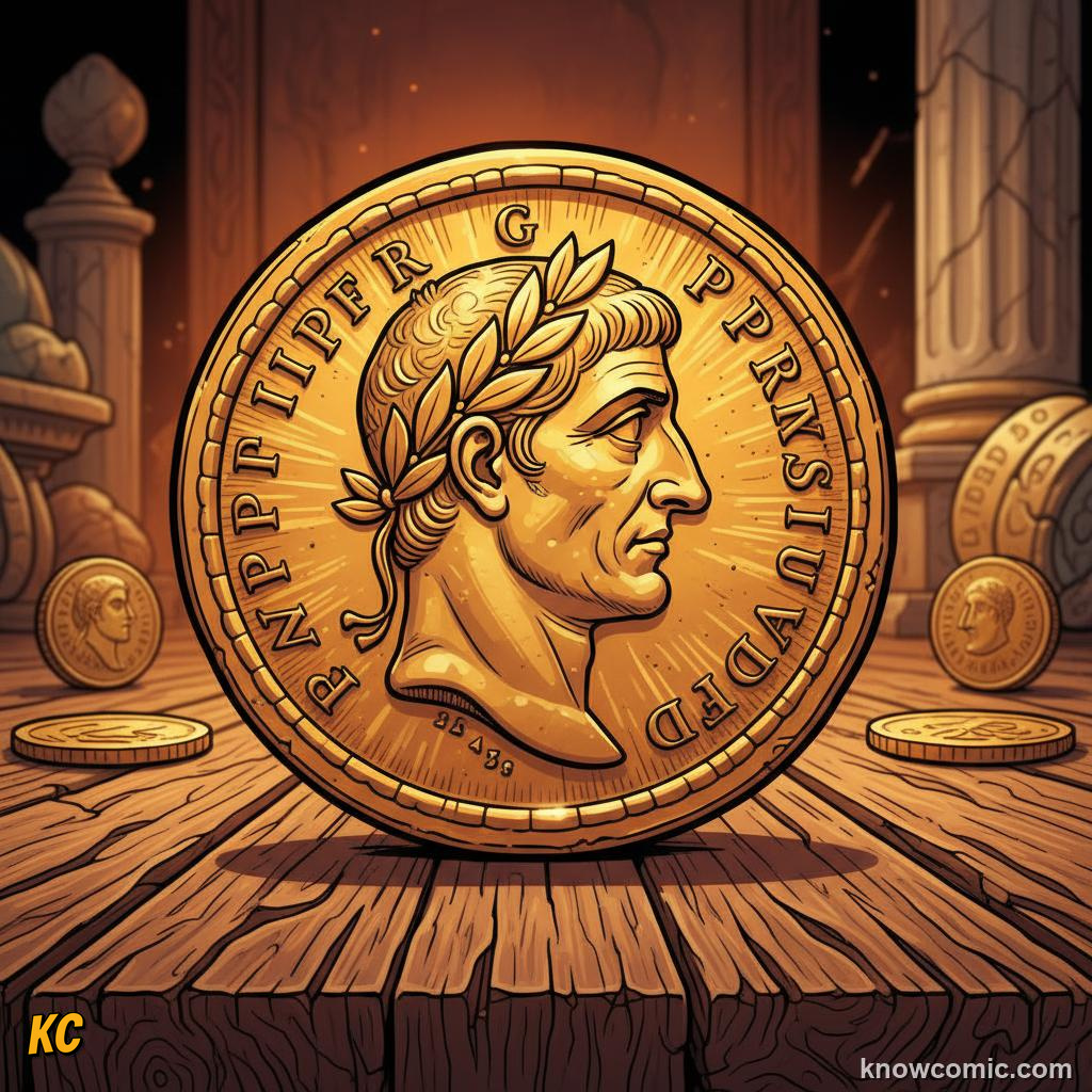 A gleaming Roman gold coin stamped with the side profile portrait of an emperor