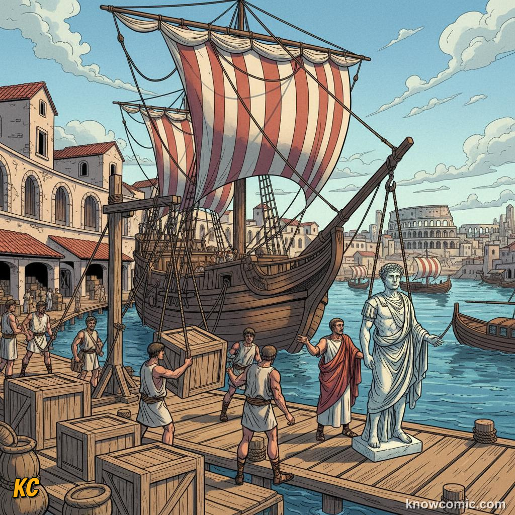Roman dock workers unloading crated marble statues of the emperor from a merchant ship