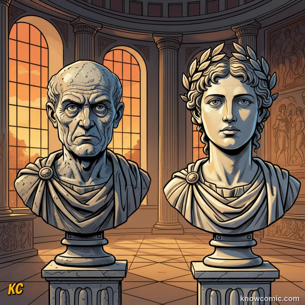 Two Roman marble busts side by side: a wrinkled stern elder and a smooth idealised young emperor
