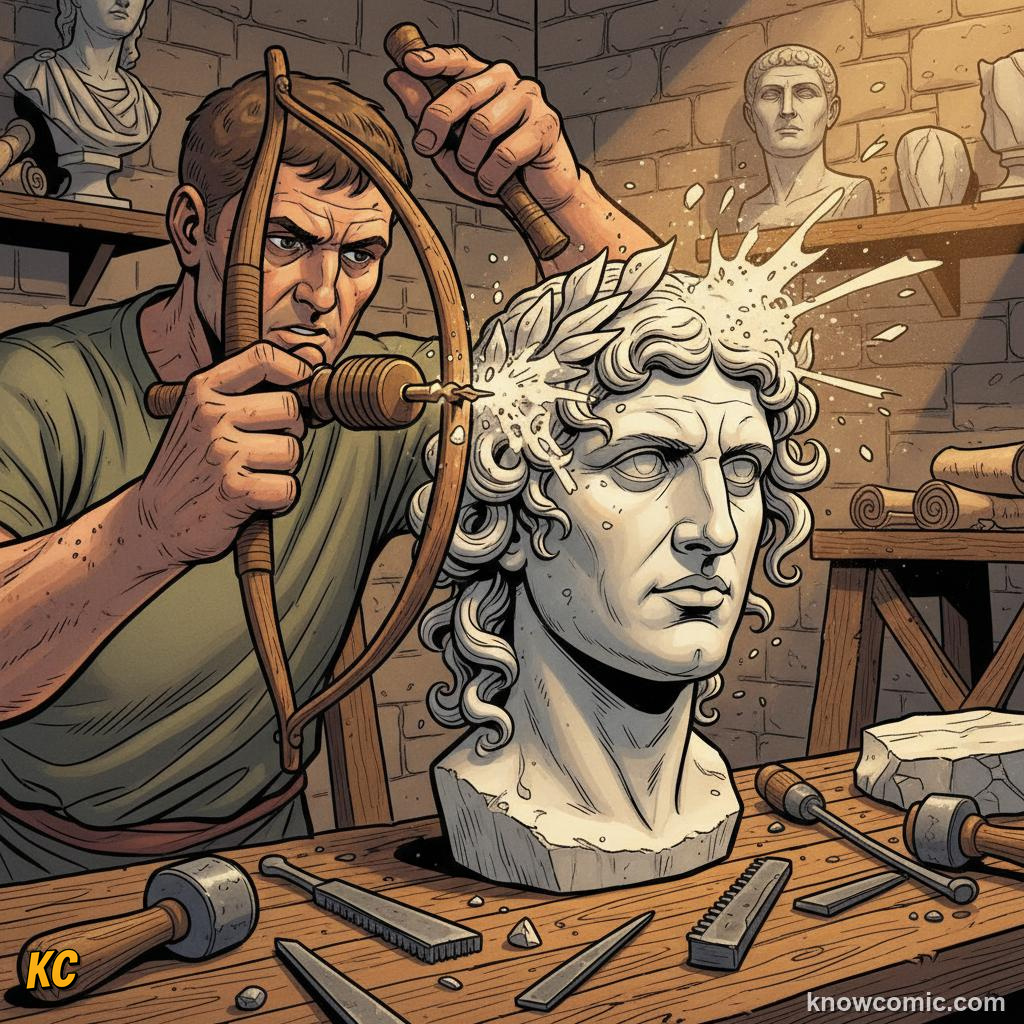 A Roman sculptor using a bow drill to carve deep curls into the marble hair of a bust