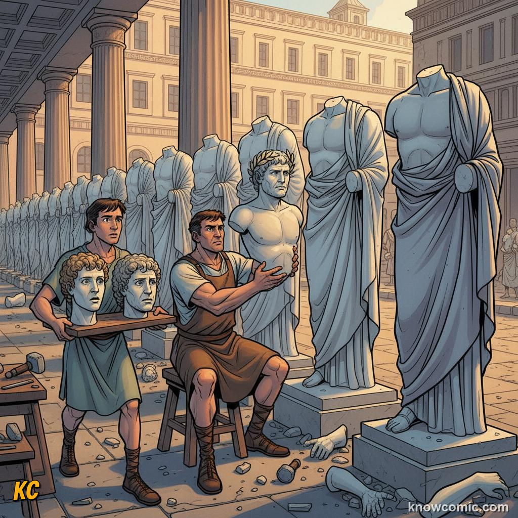 A Roman workshop with rows of headless marble statue bodies and a sculptor fitting a carved portrait head onto one