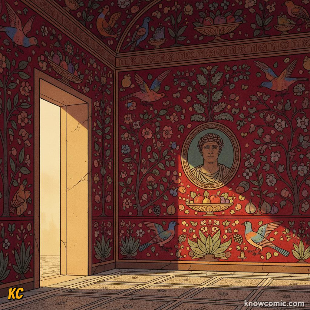 A richly painted Pompeii fresco room with deep red walls, garden scenes and portraits