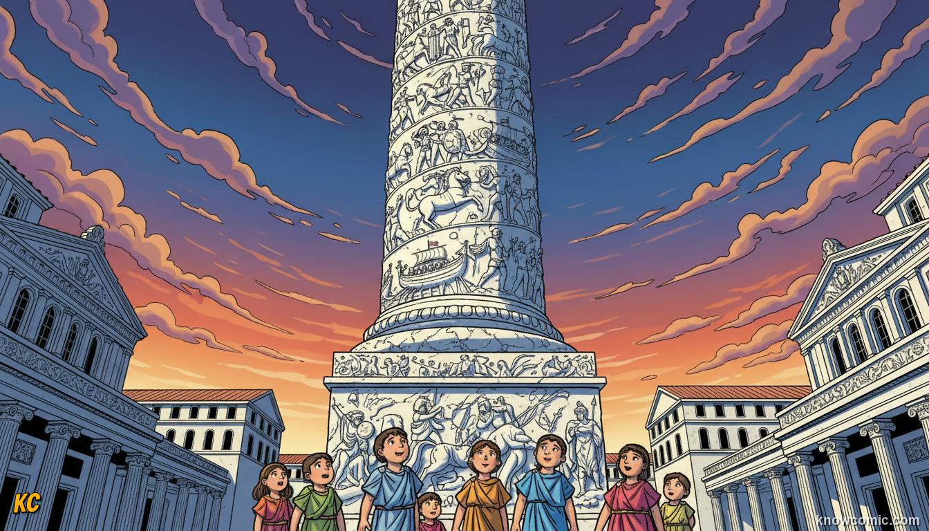 Trajan's Column in Rome wrapped in a spiral band of carved battle scenes rising into the sky