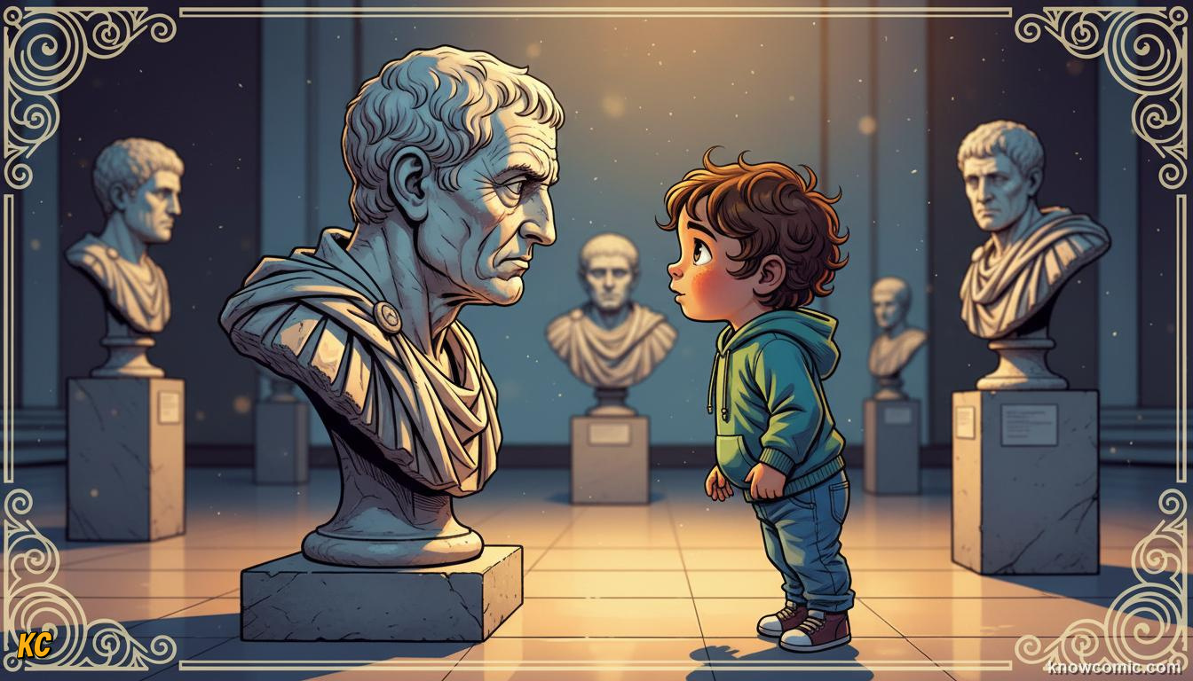 A child in a museum looking eye to eye with a realistic Roman marble bust at the same height
