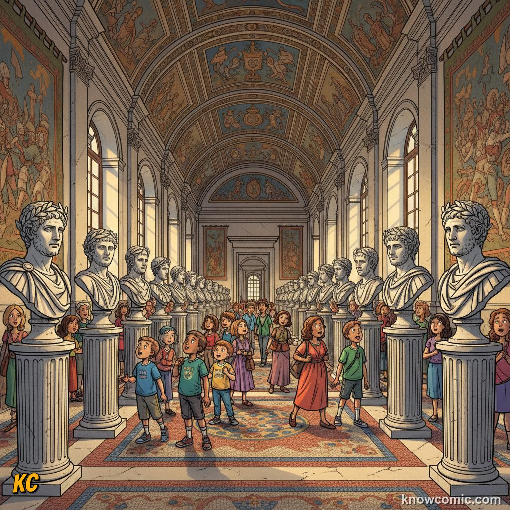A grand museum hall in Rome lined with rows of marble emperor busts on pedestals