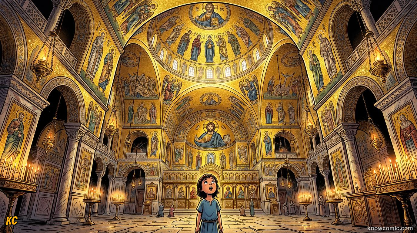 The glowing interior of a Byzantine church covered in shimmering gold mosaics of saints lit by candlelight