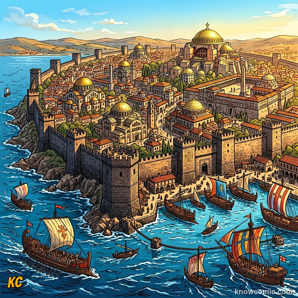 A walled medieval city of domes and towers beside the sea, the Byzantine capital Constantinople