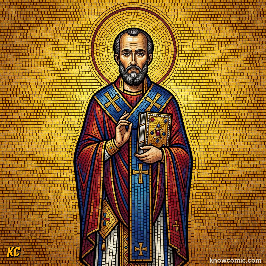 A flat golden Byzantine mosaic saint with a halo standing calmly against a plain gold background