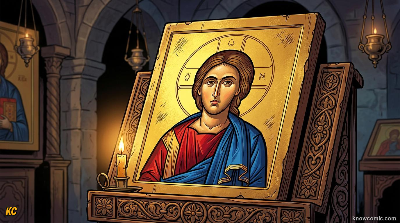 A Byzantine icon of Christ on a wooden panel with a golden halo, large eyes, long nose and small mouth