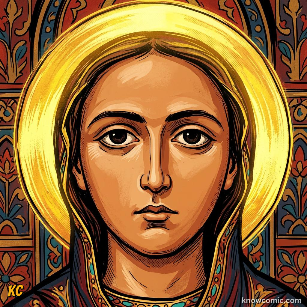 Close-up of a Byzantine icon face with large dark eyes, a long nose and a golden halo
