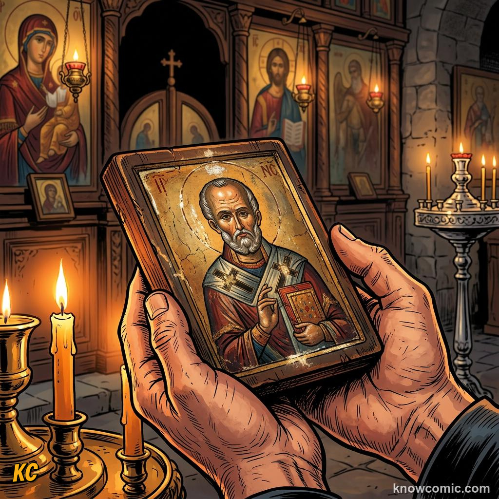 A small wooden Byzantine icon held in two hands, worn smooth from years of touching and kissing