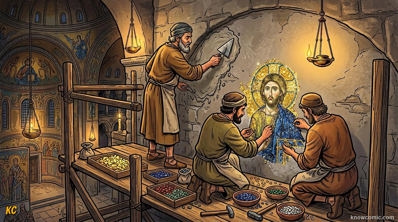 Byzantine craftsmen on scaffolding pressing tiny gold and coloured tesserae into wet plaster on a church wall