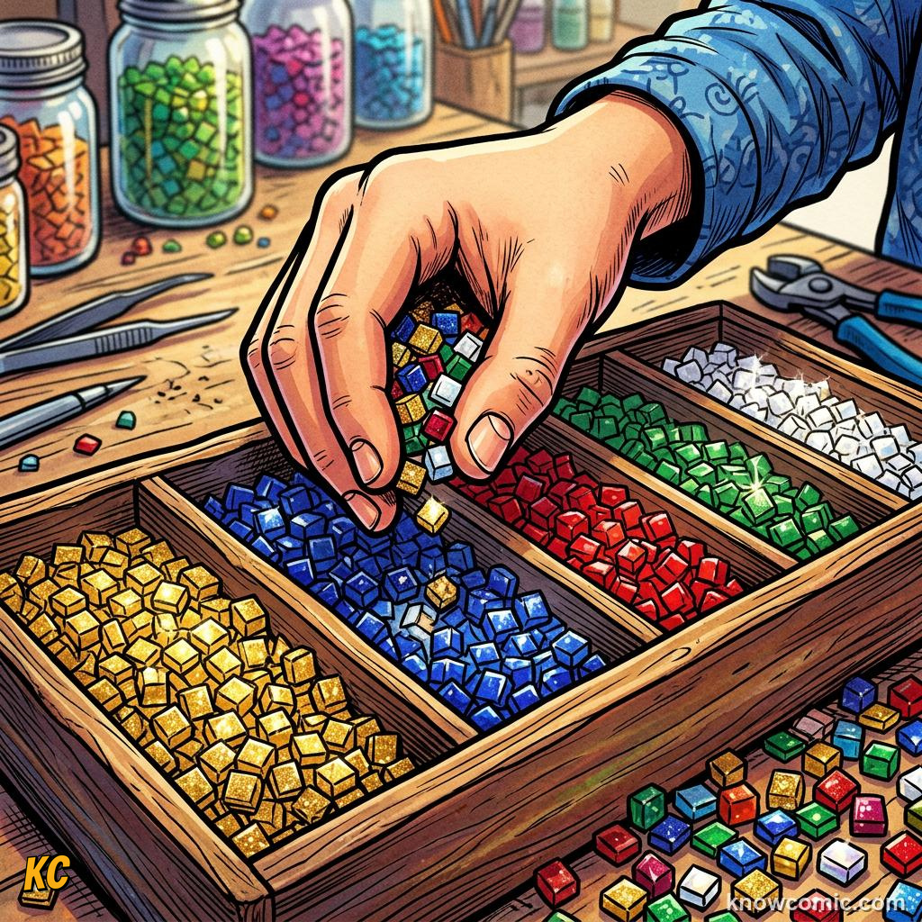 A hand holding tiny glass and gold mosaic cubes called tesserae above a tray of sorted colours
