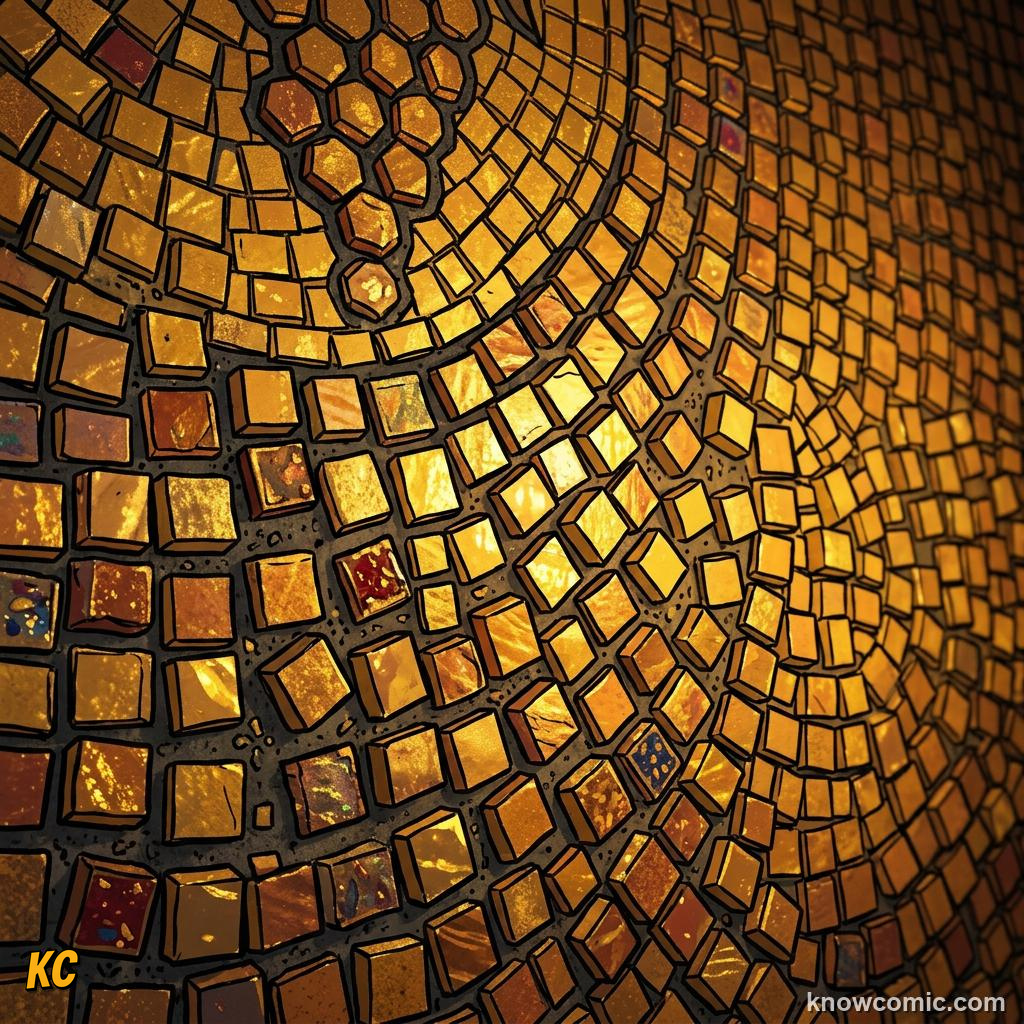 Close-up of a gold mosaic wall where the cubes are set at slightly different angles, catching the light