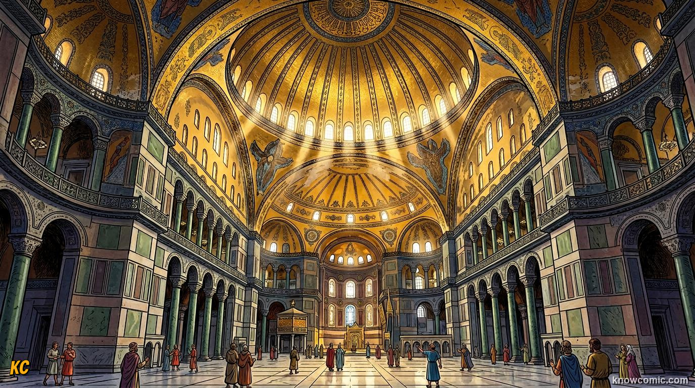 The vast interior of Hagia Sophia with its enormous golden dome floating above a ring of windows