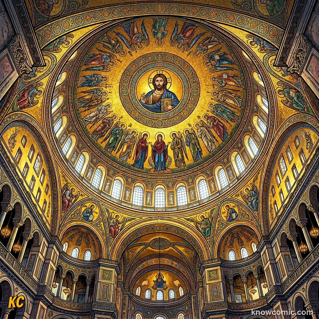A huge golden dome seen from below, with a ring of bright windows around its base