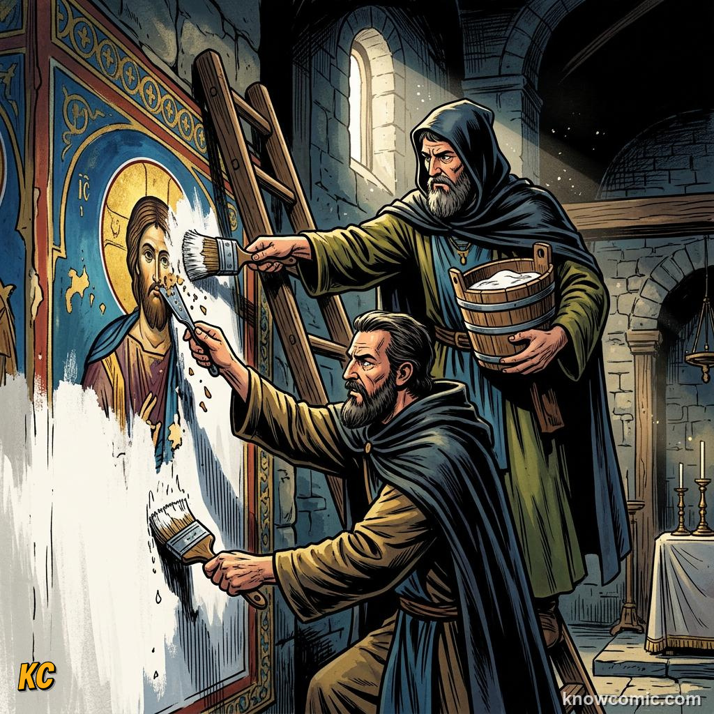 Byzantine iconoclasts whitewashing and scraping a painted holy figure off a church wall