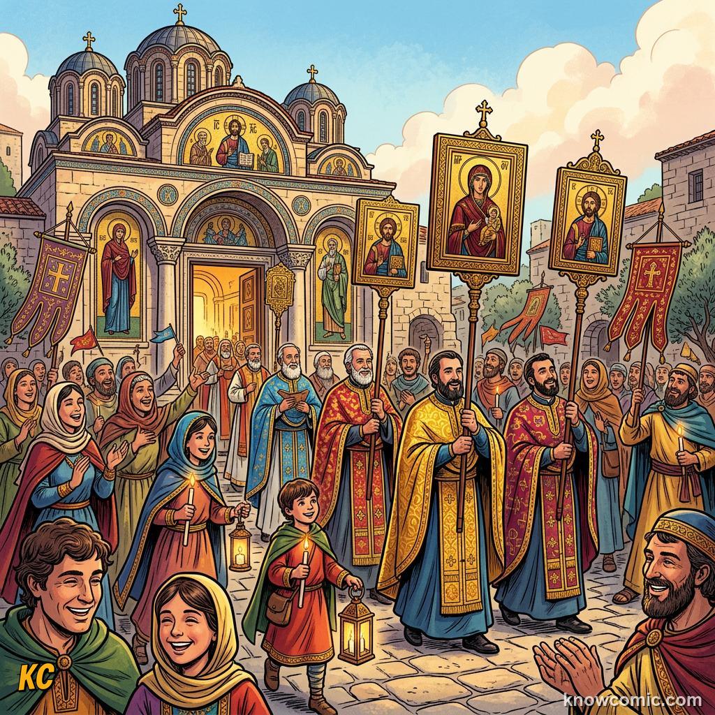 A joyful Byzantine procession carrying holy icons back into a church to celebrate their return