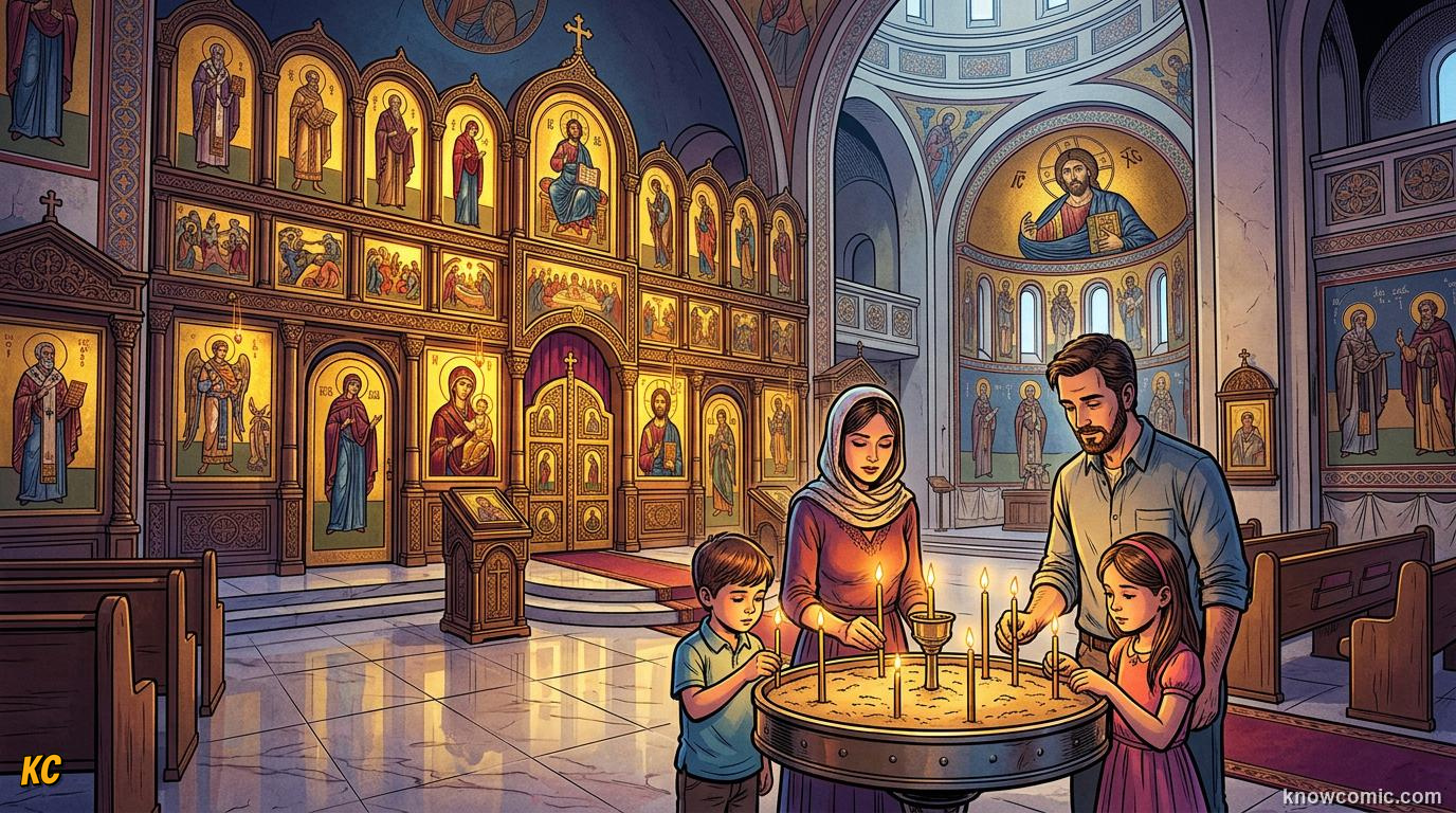 A modern Orthodox church glowing with golden icons while a family lights candles before them