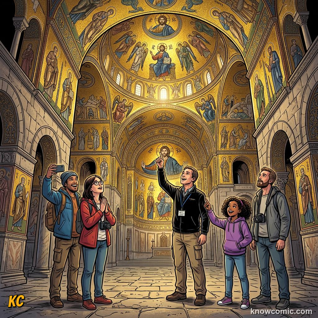 Tourists admiring the golden mosaics inside a historic Byzantine church