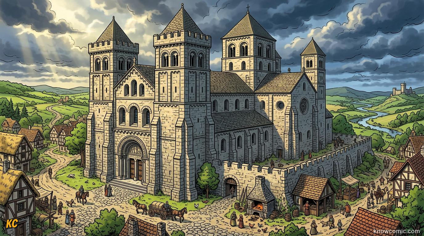 A massive Romanesque stone church with thick walls, round arches and sturdy towers standing like a fortress