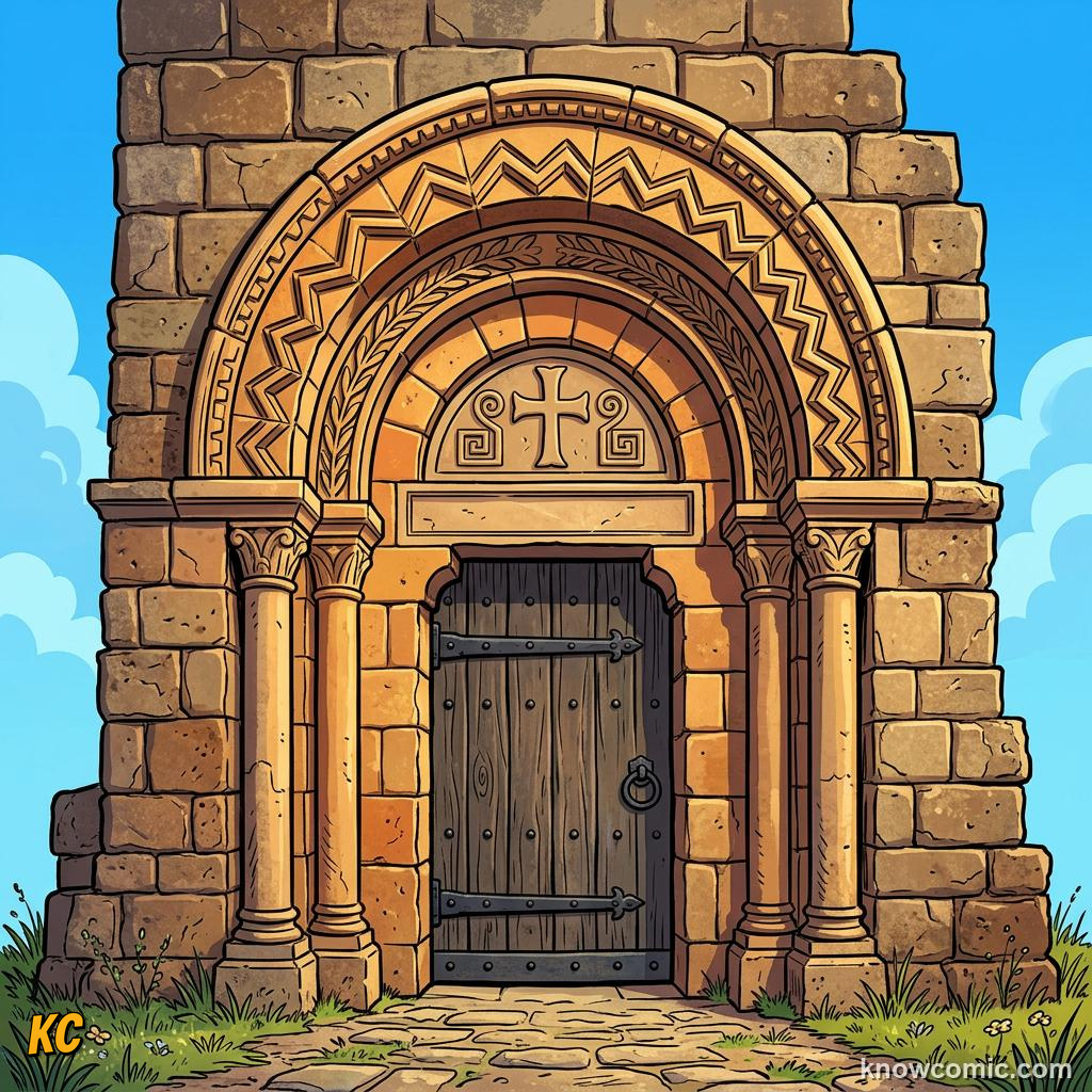 A rounded semicircular stone Romanesque doorway with bands of carved decoration