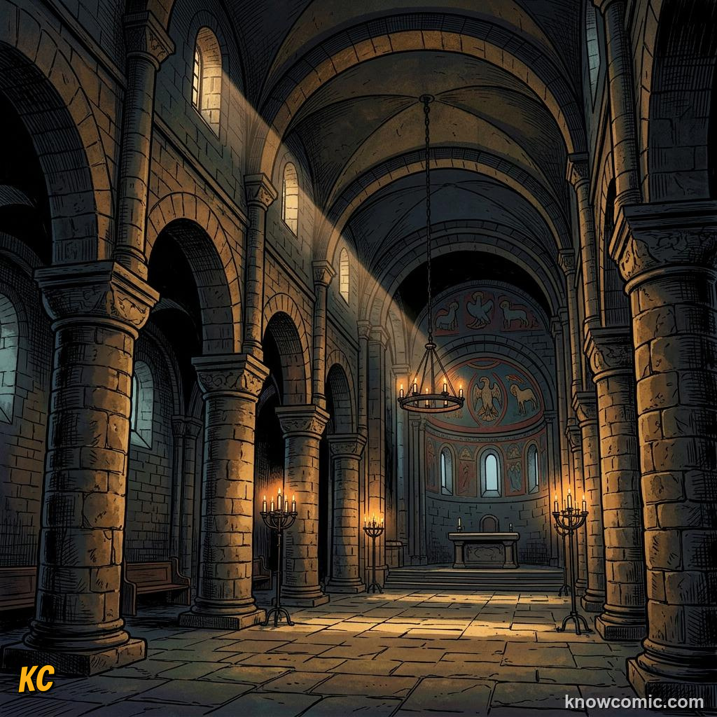 The dim interior of a Romanesque church with massive stone pillars and tiny windows letting in beams of light